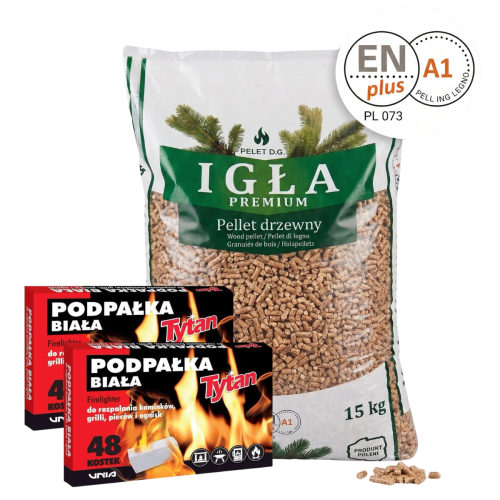 PELLET DRZEWNY IGŁA PREMIUM 6MM worek 15kg + podpałka 2 op